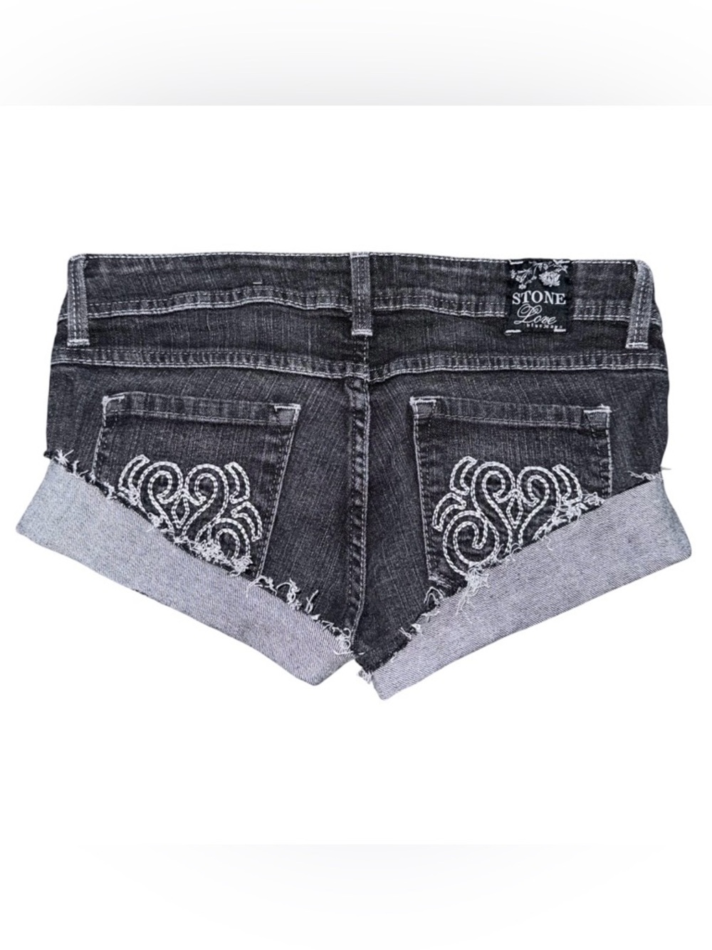 VTG Y2K Stone Love Low Rise Micro Mini Jean Shorts Black Distressed Sz 3 Grunge